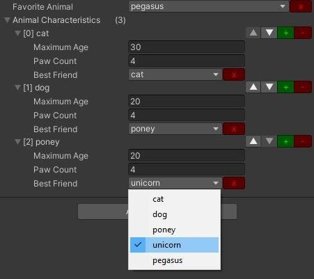 animals are stored as integers but edited as a limited string list