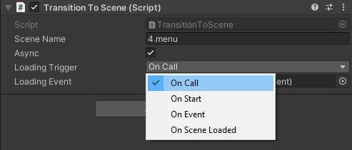 Inspector of TransitionToScene with sceneName, async, loading trigger and loading event parameters